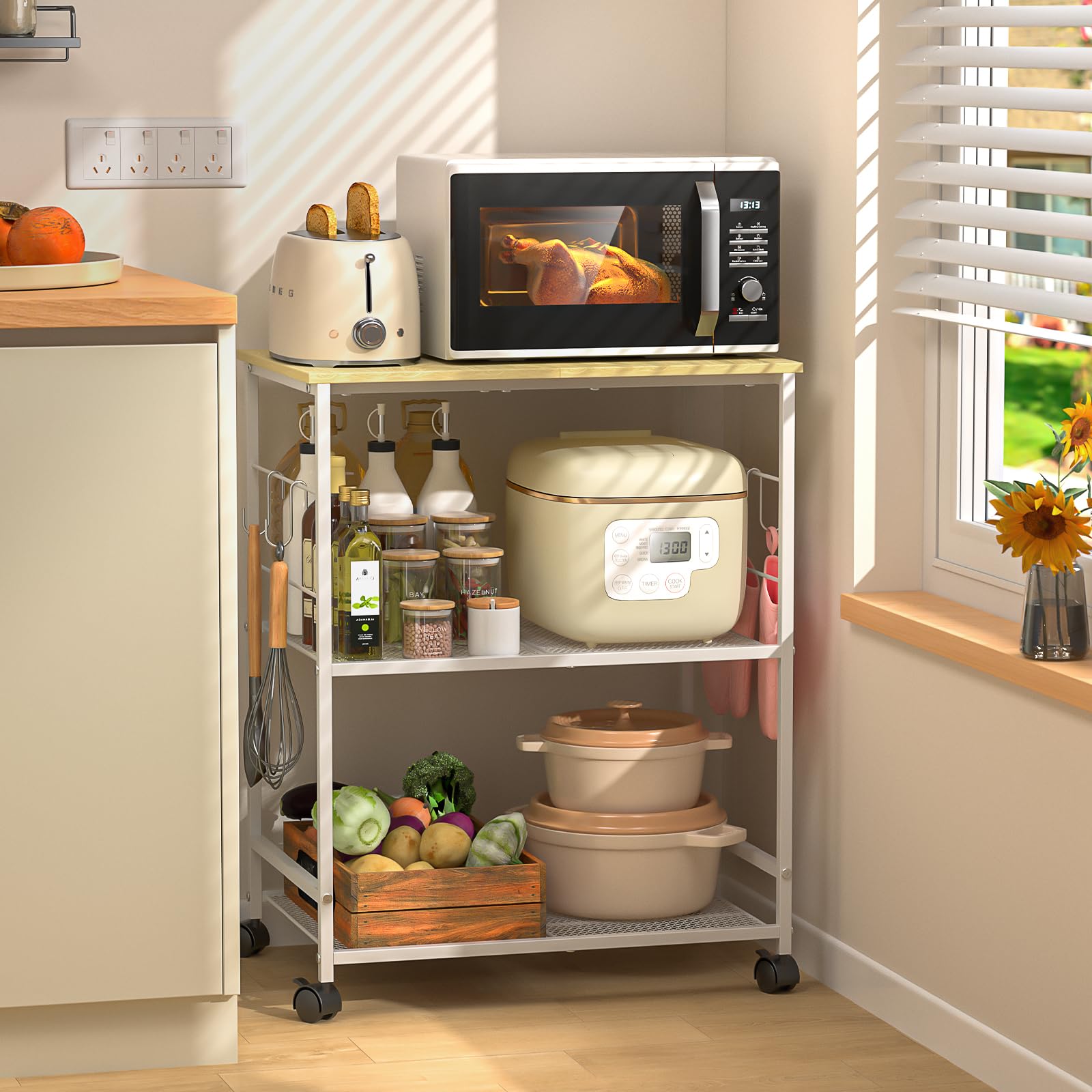 3-Tier Rolling Kitchen Microwave Cart with Storage and Lockable Wheels for Small Kitchen Office and Living Room Organiz