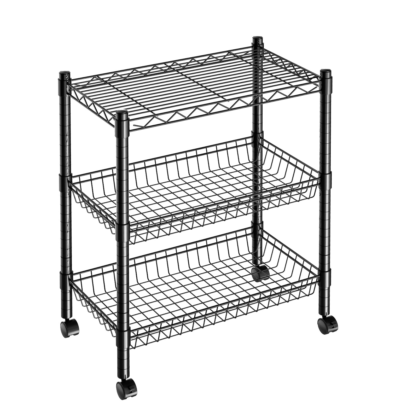 Black 3 Tier Wire Shelving Cart with Adjustable Metal Shelves and Castor Feet for Office, Kitchen, and Bedroom
| Black