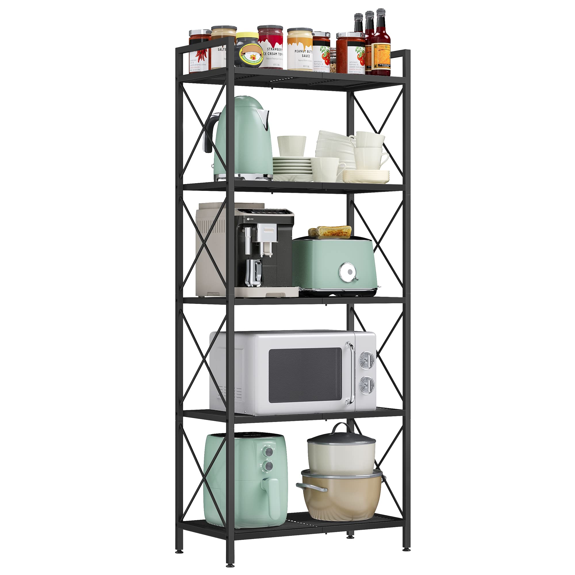 SONGMICS Ink Black 5-Tier Metal Storage Rack for Living Room and Entryway shelving Unit with X Side Frames and Dense Mes