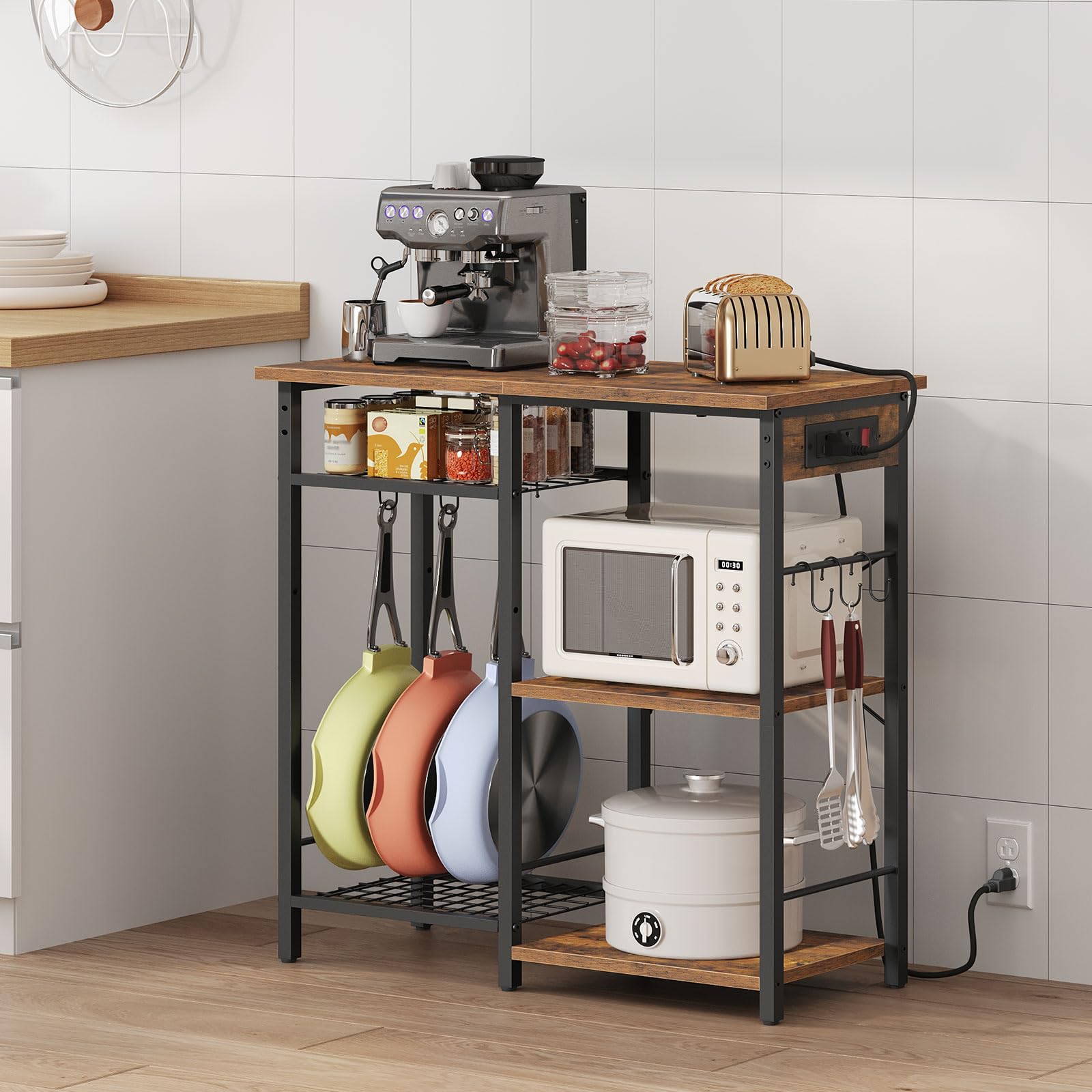 Bakers Rack with Power Outlet for Kitchen and Dining Room
| Rustic Brown and Black Kitchen Storage Racks with Power Out