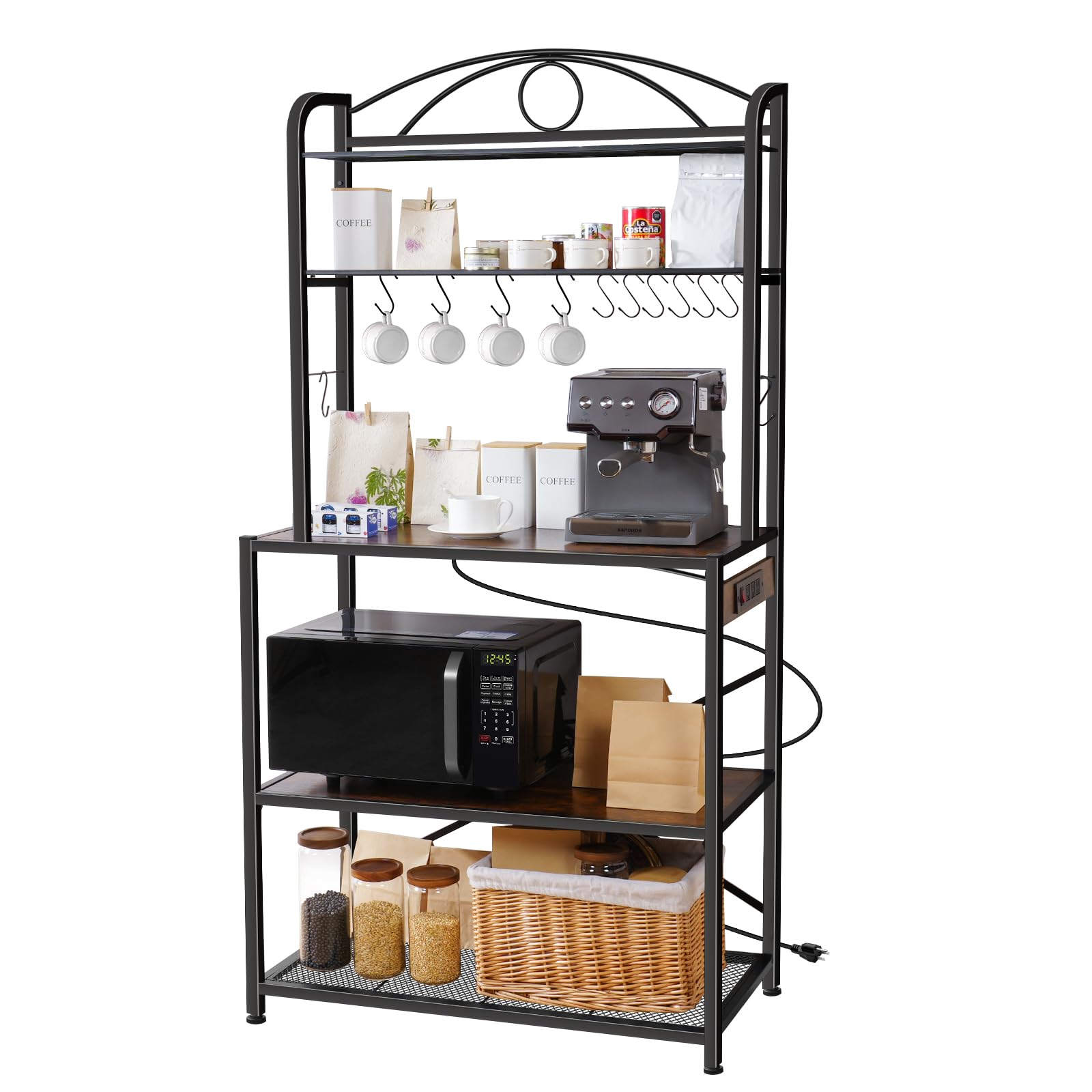 Large Kitchen Bakers Rack, 33-inch Wide Coffee Bar Station with Power Outlet, Ideal for Kitchen Storage, Metal Frame wi